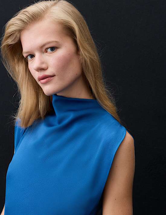 Satin Crepe High Cowl Neck Midi Column Dress