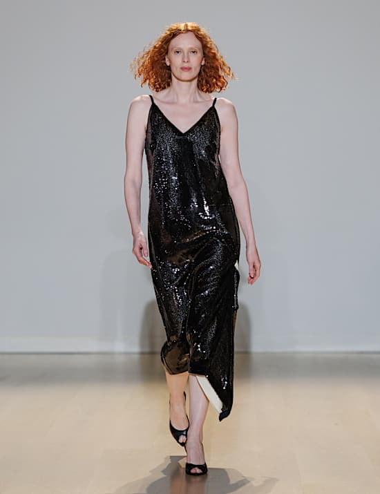 Sequin V Neck Frill Detail Midi Slip Dress