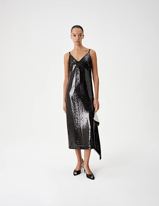 Sequin V Neck Frill Detail Midi Slip Dress
