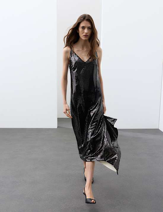 Sequin V Neck Frill Detail Midi Slip Dress