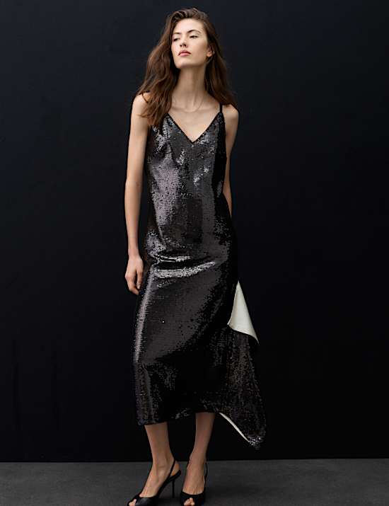 Sequin V Neck Frill Detail Midi Slip Dress
