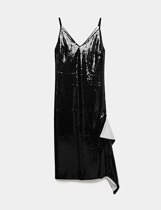 Sequin V Neck Frill Detail Midi Slip Dress