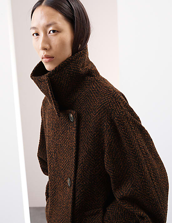 Wool Blend Herringbone Longline Tailored Coat