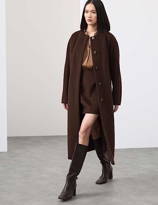 Kraagloze, lange jas van wolmix