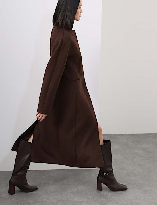 Kraagloze, lange jas van wolmix