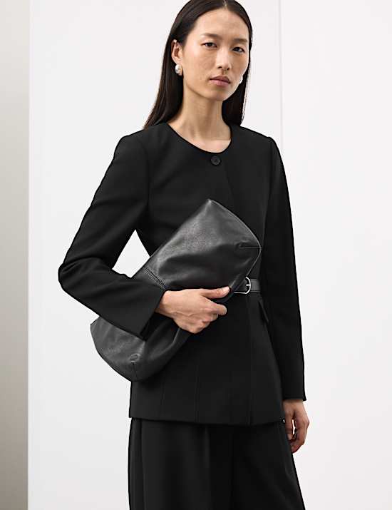 Collarless Longline Blazer with Wool