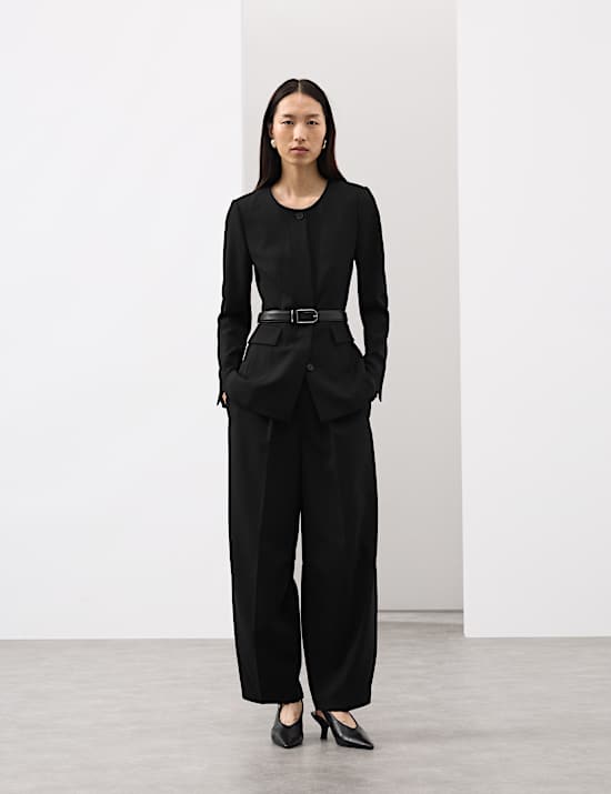 Collarless Longline Blazer with Wool