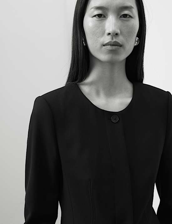 Collarless Longline Blazer with Wool