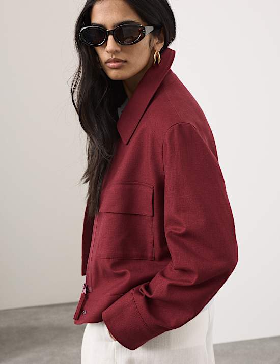 Linen Blend Cropped Utility Jacket