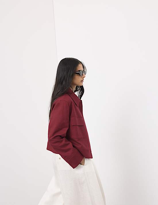 Linen Blend Cropped Utility Jacket