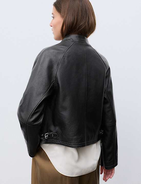 Leather Collarless Cropped Biker Jacket