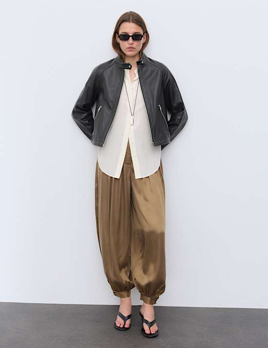 Leather Collarless Cropped Biker Jacket
