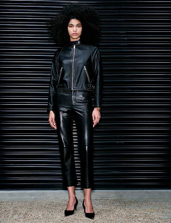 Leather Collarless Cropped Biker Jacket