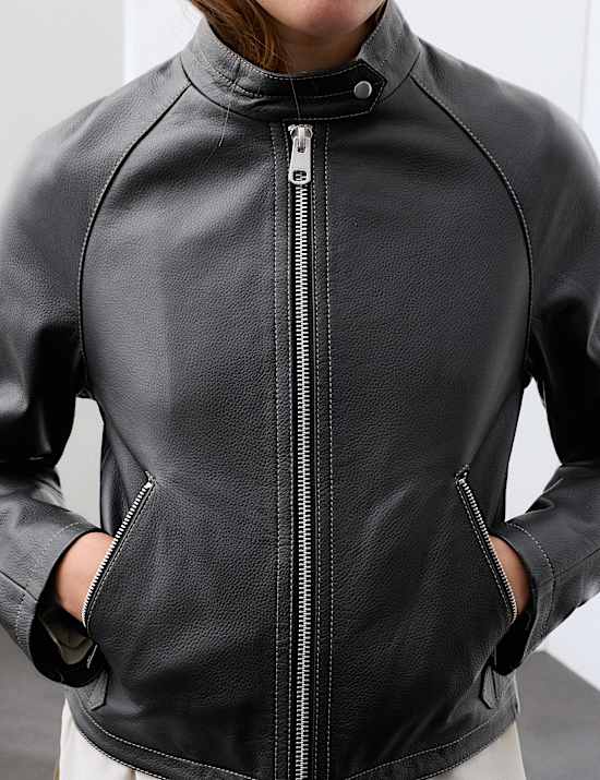 Leather Collarless Cropped Biker Jacket