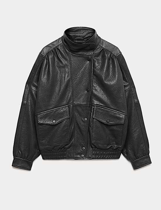 Veste d&rsquo;aviateur en cuir &agrave; col chemin&eacute;e