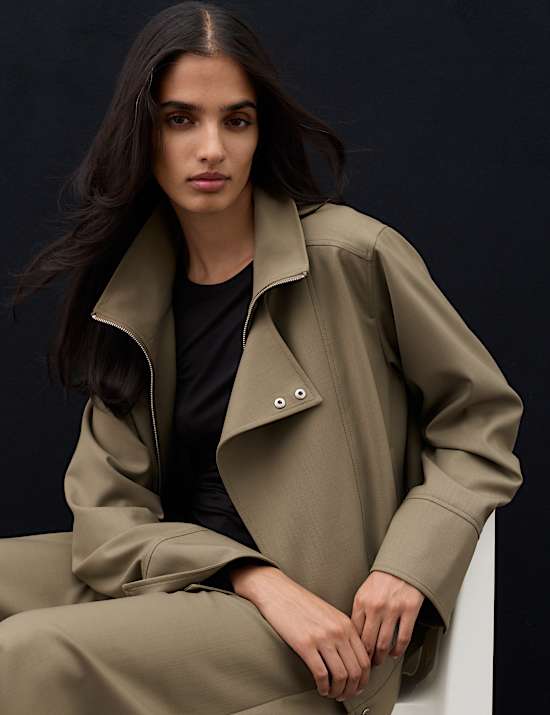 Wool Blend Funnel Neck Tailored Bomber Jacket