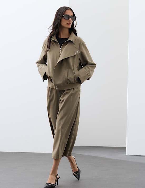 Wool Blend Funnel Neck Tailored Bomber Jacket