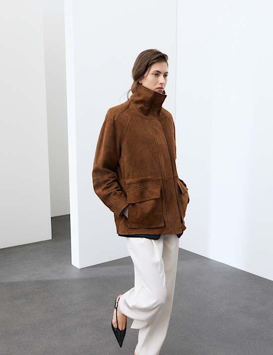 Suede Funnel Neck Longline Jacket