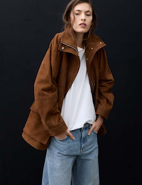 Suede Funnel Neck Longline Jacket