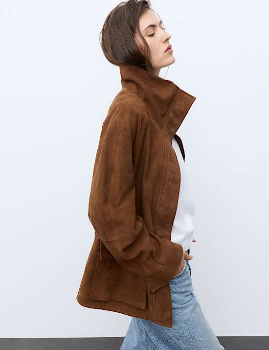 Suede Funnel Neck Longline Jacket