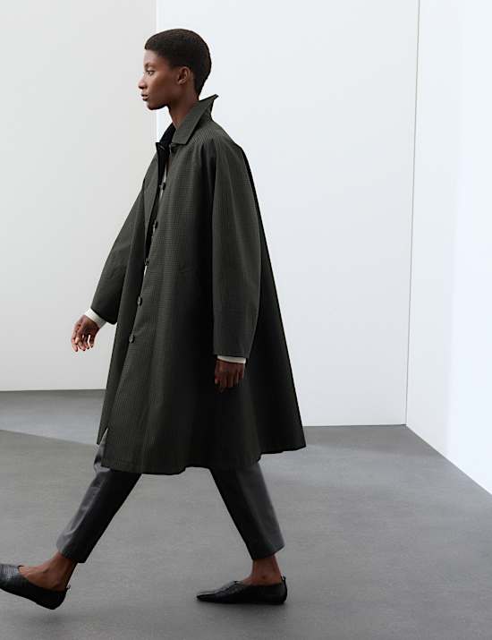 Pure Cotton Checked Collared Longline Car Coat