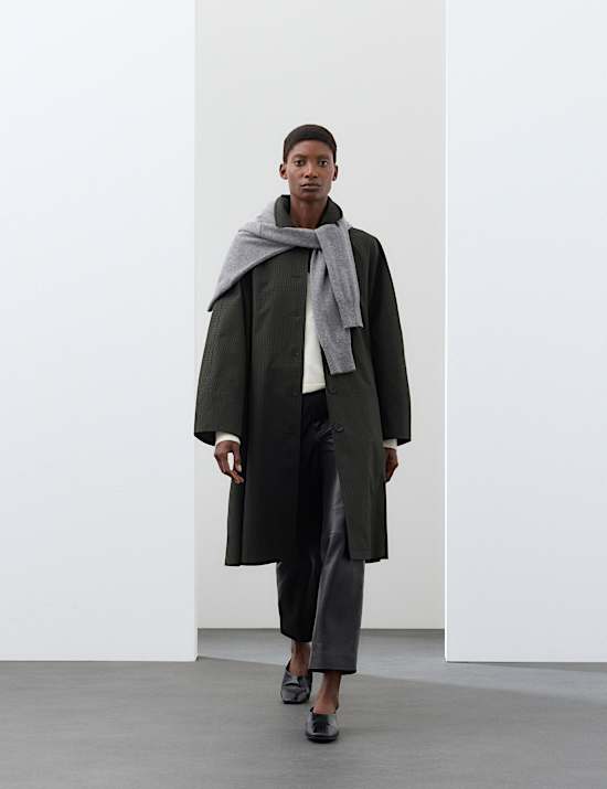 Pure Cotton Checked Collared Longline Car Coat