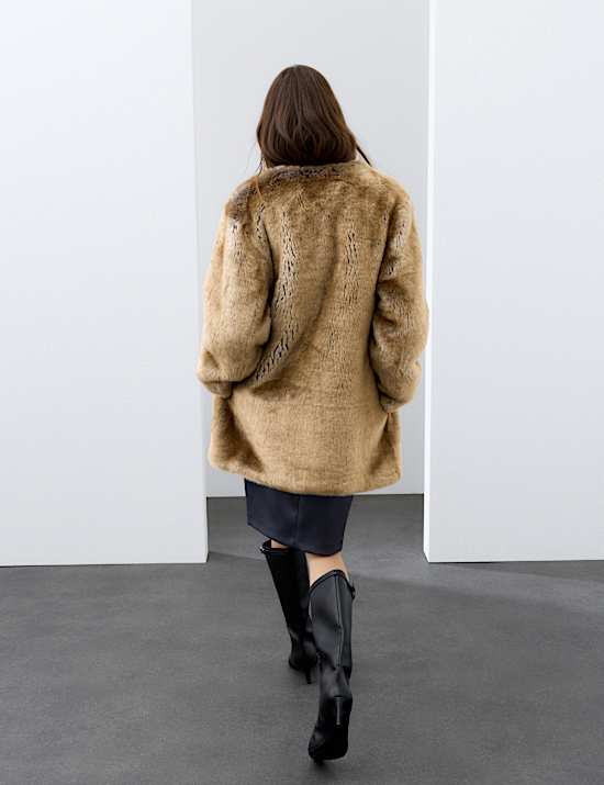 Faux Fur Collarless Longline Coat