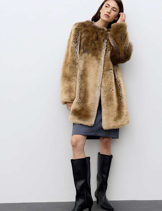 Faux Fur Collarless Longline Coat