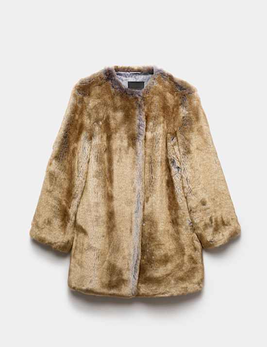 Faux Fur Collarless Longline Coat