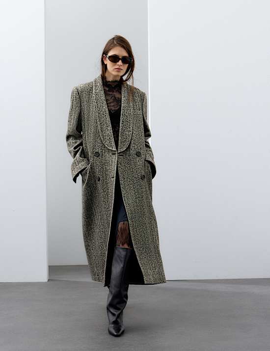 Wool Blend Herringbone Longline Tailored Coat