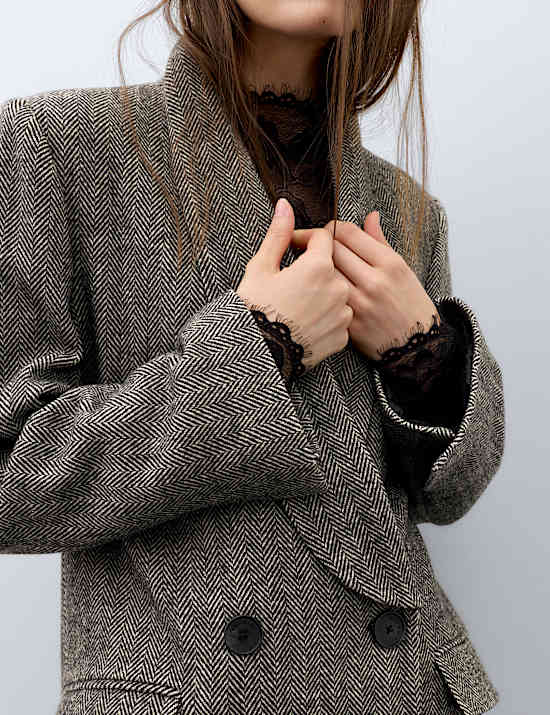 Wool Blend Herringbone Longline Tailored Coat