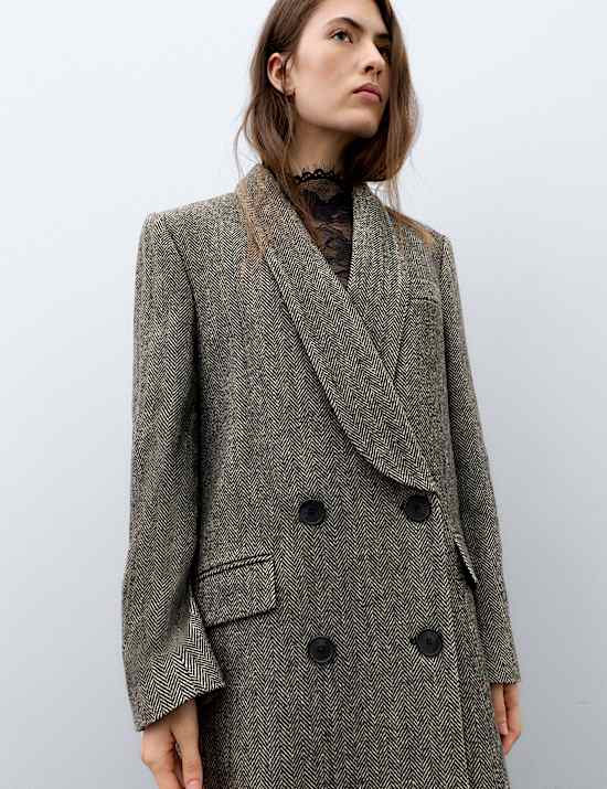 Wool Blend Herringbone Longline Tailored Coat