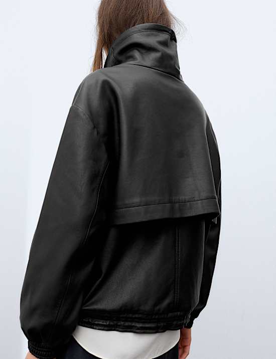 Leather Funnel Neck Bomber Jacket