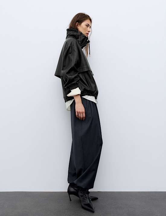 Leather Funnel Neck Bomber Jacket