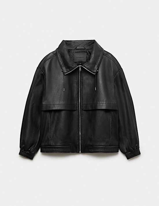 Leather Funnel Neck Bomber Jacket