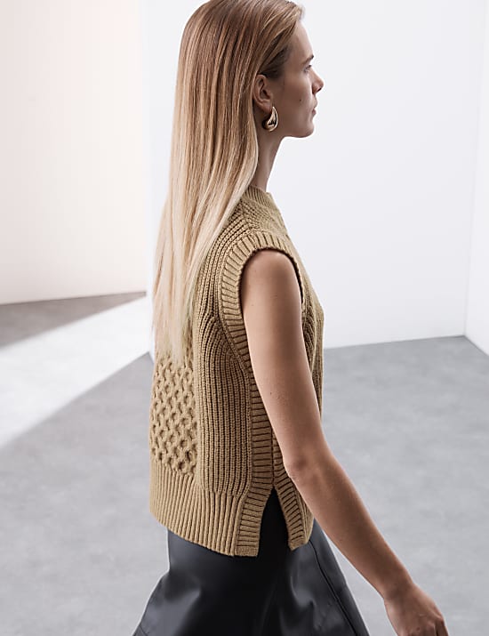 Wool Rich Cable Knit Round Neck Knitted Vest