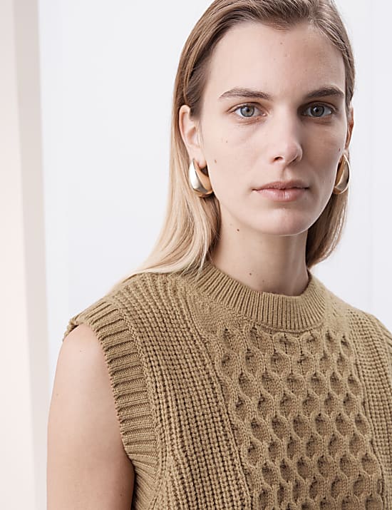 Wool Rich Cable Knit Round Neck Knitted Vest