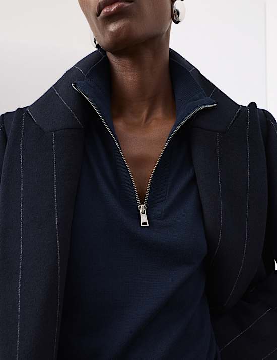 Pure Merino Wool Funnel Neck Half Zip Jumper