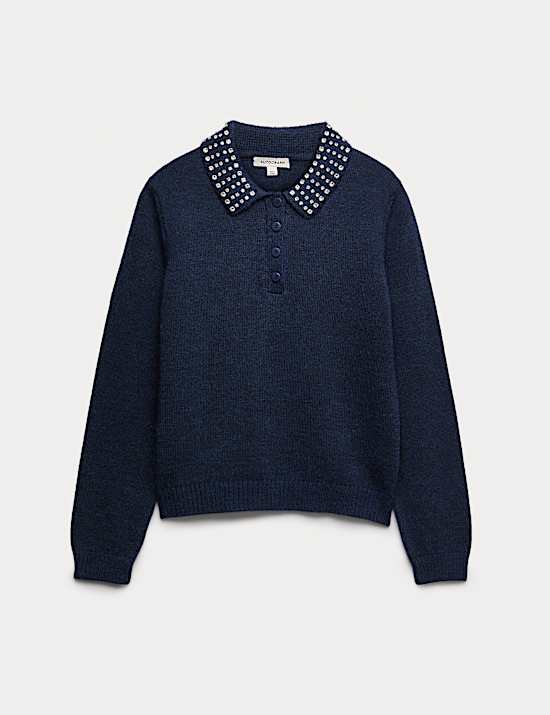 Embellished Polo Jumper with Wool