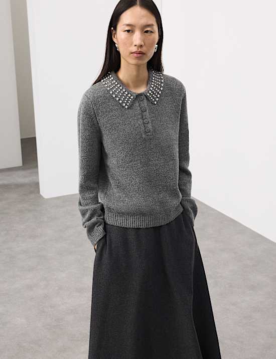 Embellished Polo Jumper with Wool