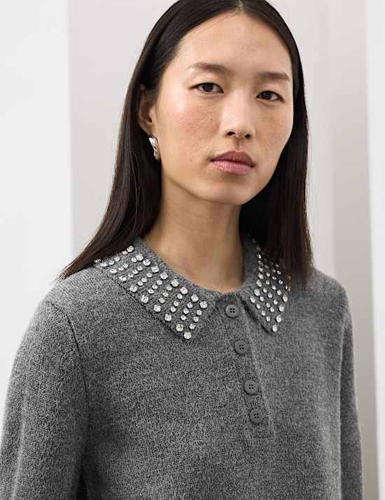 Embellished Polo Jumper with Wool
