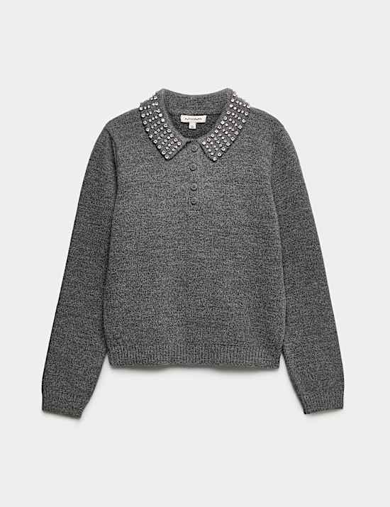 Embellished Polo Jumper with Wool