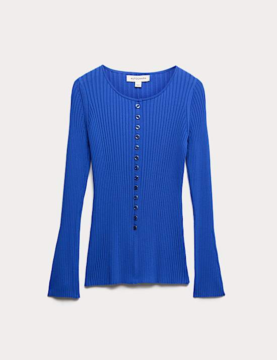 Gerippte Strickjacke mit Rundhalsausschnitt