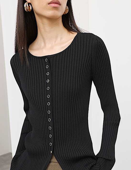 Ribbed Crew Neck Cardigan