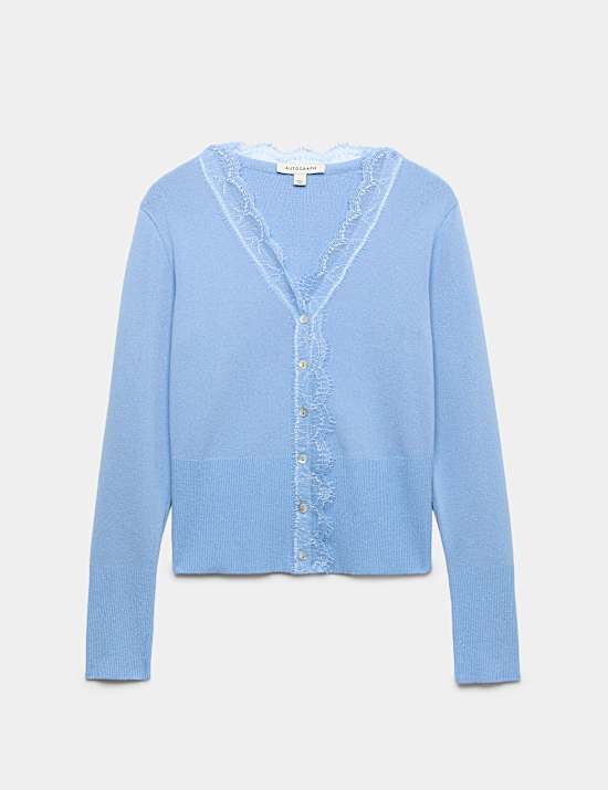 Cardigan &agrave; col en V, fermeture avant boutonn&eacute;e et d&eacute;tail en dentelle