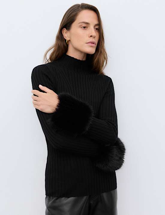 Pure Merino Wool Ribbed High Neck Fur Trim Jumper