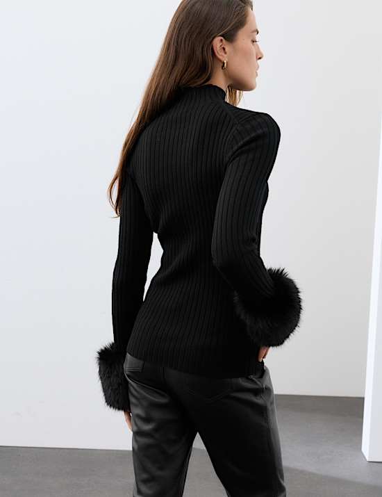 Pure Merino Wool Ribbed High Neck Fur Trim Jumper
