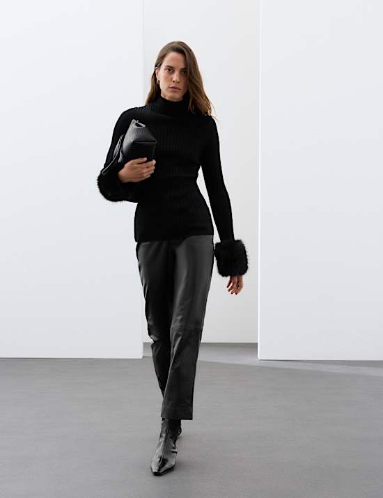 Pure Merino Wool Ribbed High Neck Fur Trim Jumper
