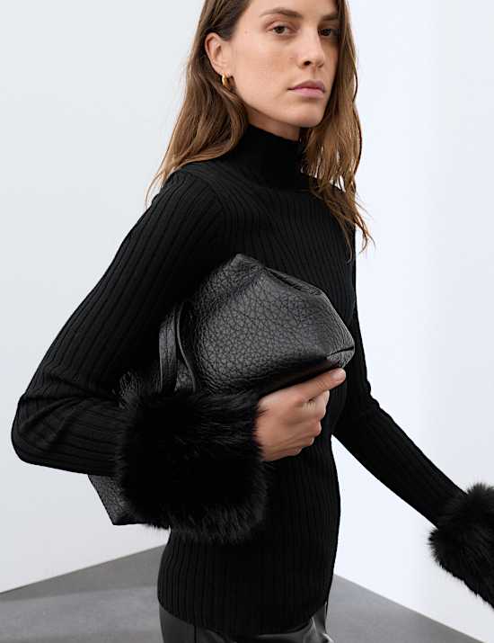 Pure Merino Wool Ribbed High Neck Fur Trim Jumper