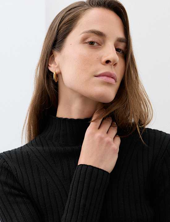 Pure Merino Wool Ribbed High Neck Fur Trim Jumper